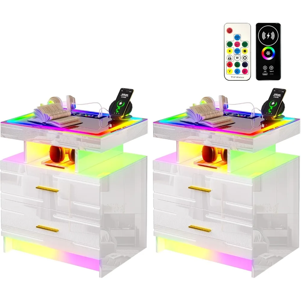 

Set of 2 Nightstand with Wireless Charging Station LED Lights Night Stand with 2 Drawers Glossy Smart Bedside Table