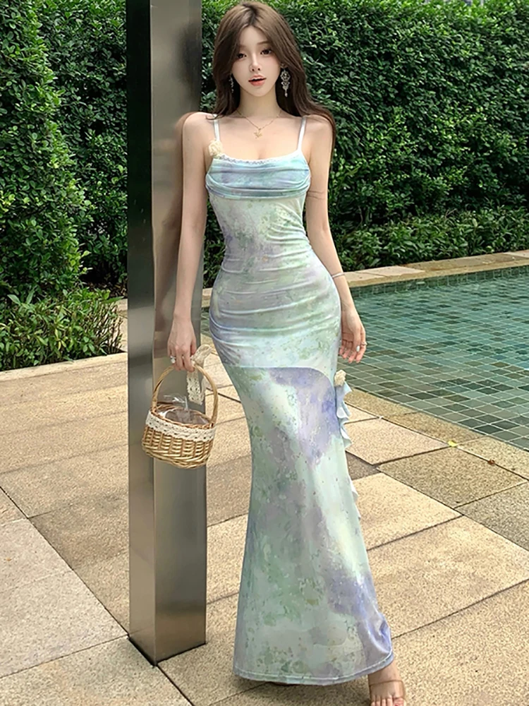 Women Fashion Print Chic Sling Sexy Long Dress Summer Elegant Luxury Ruffled Mermaid Dress 2025 Korean Bodycon Festival Vestidos