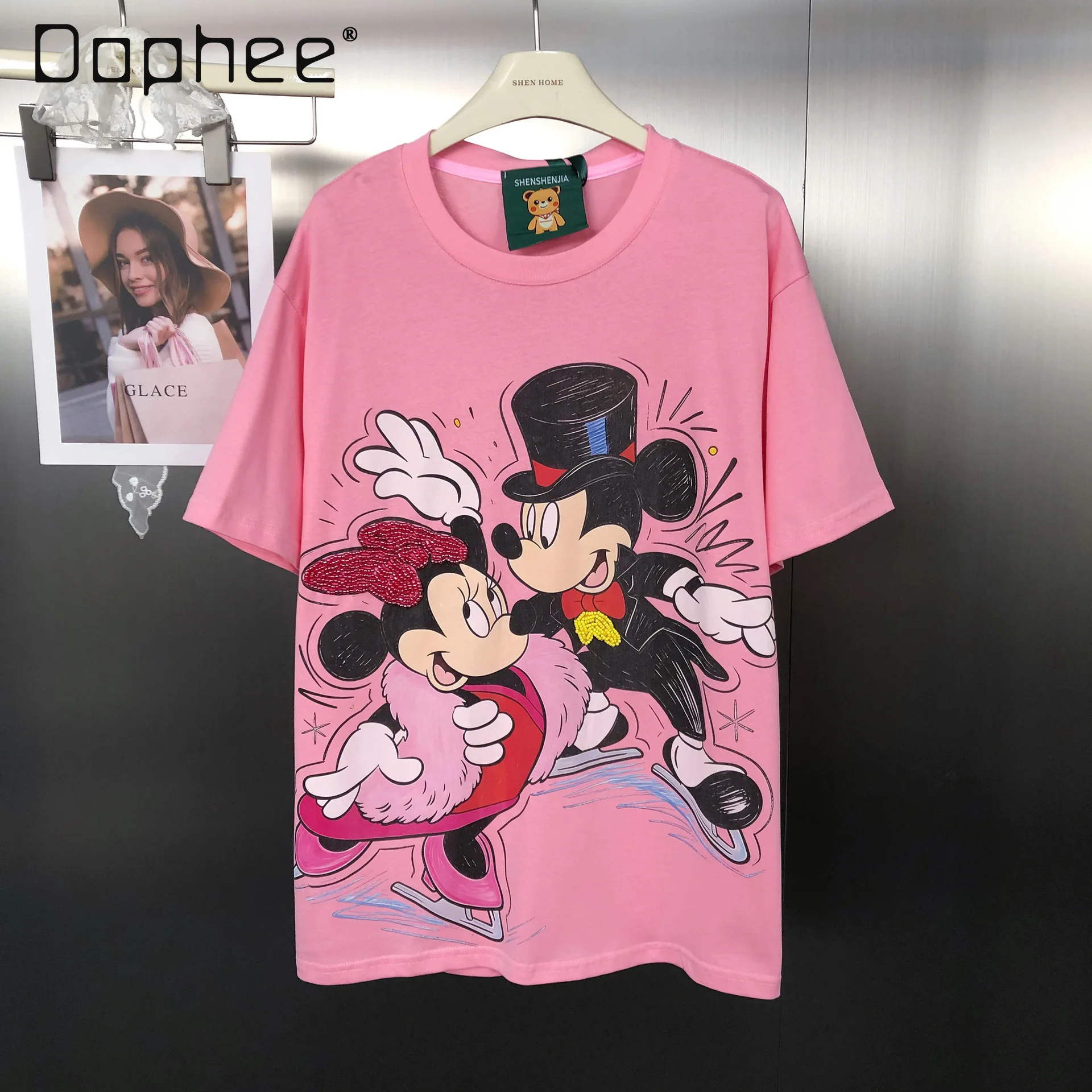 

Модная брендовая свободная повседневная футболка с принтом бисера и круглым вырезом, футболка с короткими рукавами, женская одежда, топ Y2k, кавайная одежда