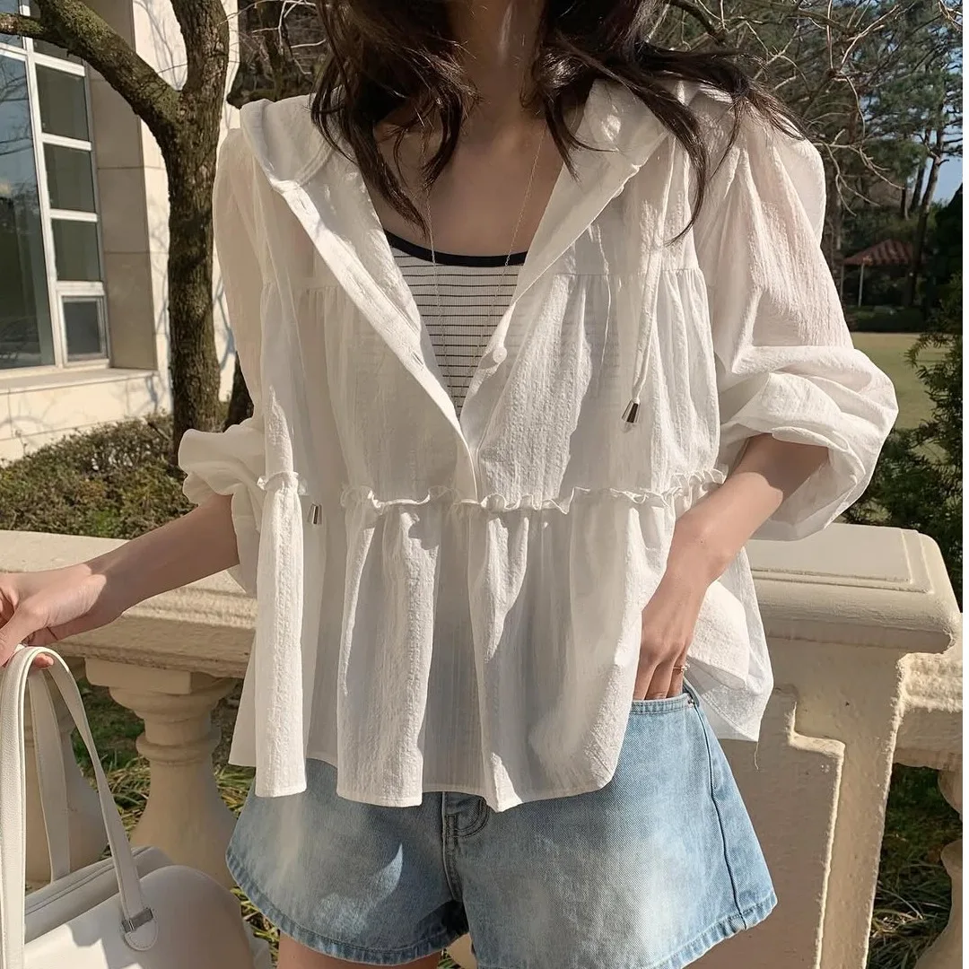

2026 Summer New Chic Korean Style Hooded Open Cardigan Lightweight Commuting Sun Protection Long Sleeve Women's Shirt