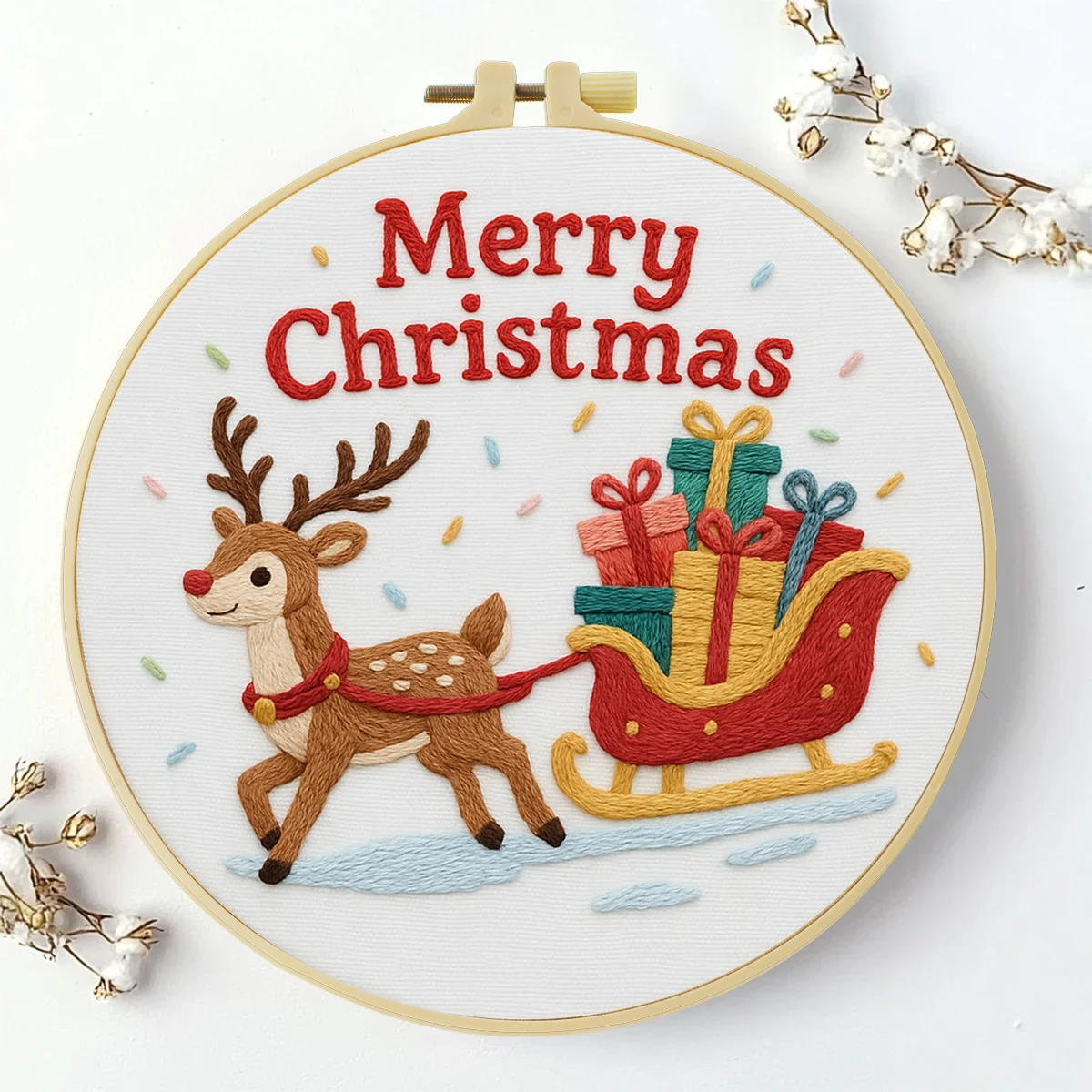1 Stück 20X20CM/7,87 Zoll Ein Rentier, das Geschenke zu Weihnachten trägt, Stickerei-Starter-Kit DIY-Set für Anfänger Nadelkunst – Detail 2