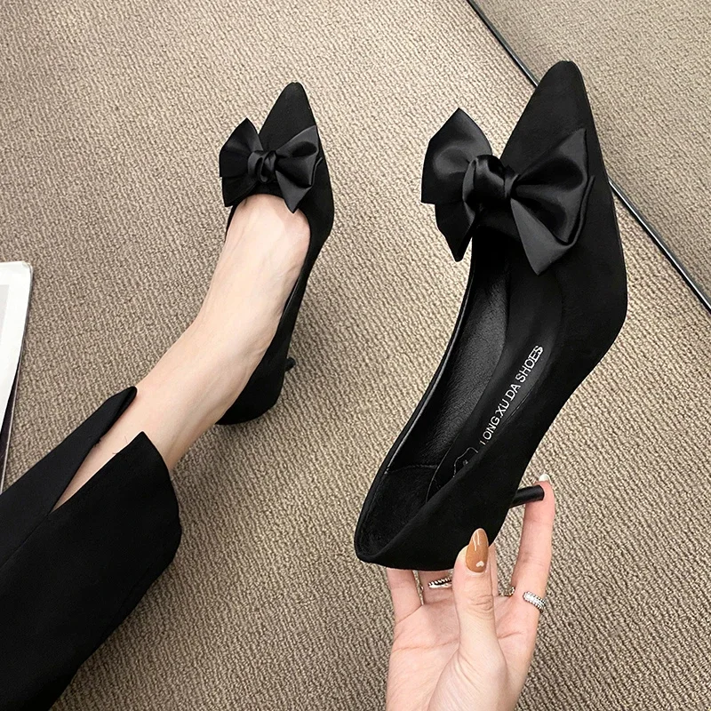 Black Pointed Toe High Heels Shoes for Women Pumps Small Size Bow Decorative Thin Heels Bridal Shoes Laides Sapatos Femininos