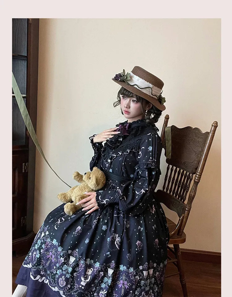 เดรสลายหมีวินเทจพิมพ์ลายองุ่น CLA ชุดเดรสยาวสไตล์โลลิต้า แขนยาว สำหรับฤดูใบไม้ผลิและฤดูใบไม้ร่วง สีดำ สีม่วง ชุดเดรส OP สำหรับผู้หญิง