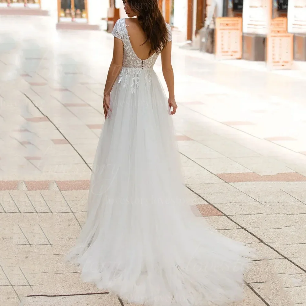 ชุดแต่งงานผ้าทูลล์ปักลายแบบสั่งทำพิเศษ ทรงเอ คอวี แขนสั้น สไตล์โบฮีเมียน เปิดหลัง ชุดเจ้าสาว vestido de novia