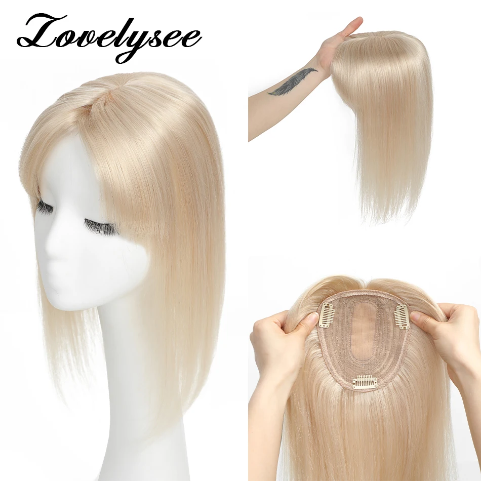 100% Remy Human Hair Toppers Straight Nature Color Hairpiece Fake Silk Base Clip in Topper Top Hair for Women with Thinning Hair