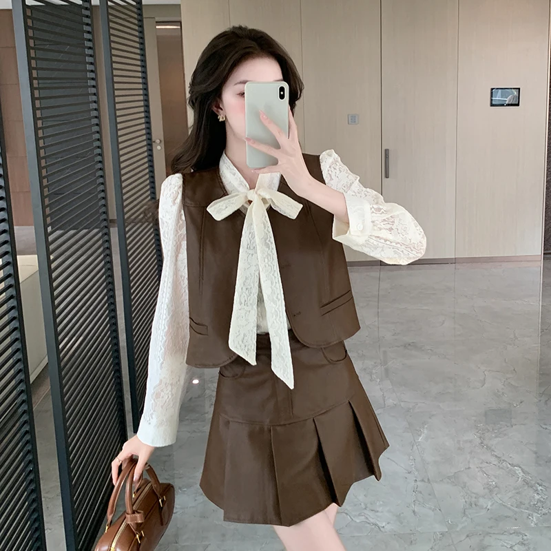 

French Elegant New Women 3 Piece Sets Retro Bow Tie Long Sleeve Shirt + Vest Tops + High Waist A Line Mini Skirt Female Outfits