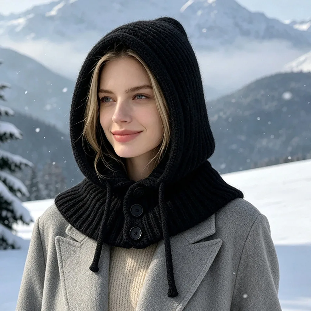 Knitted Hat Hooded Knit Balaclava Hooded Shawl Hat Solid Solid Knitted Hat For Low-Temperature Activities Jogging Outdoor