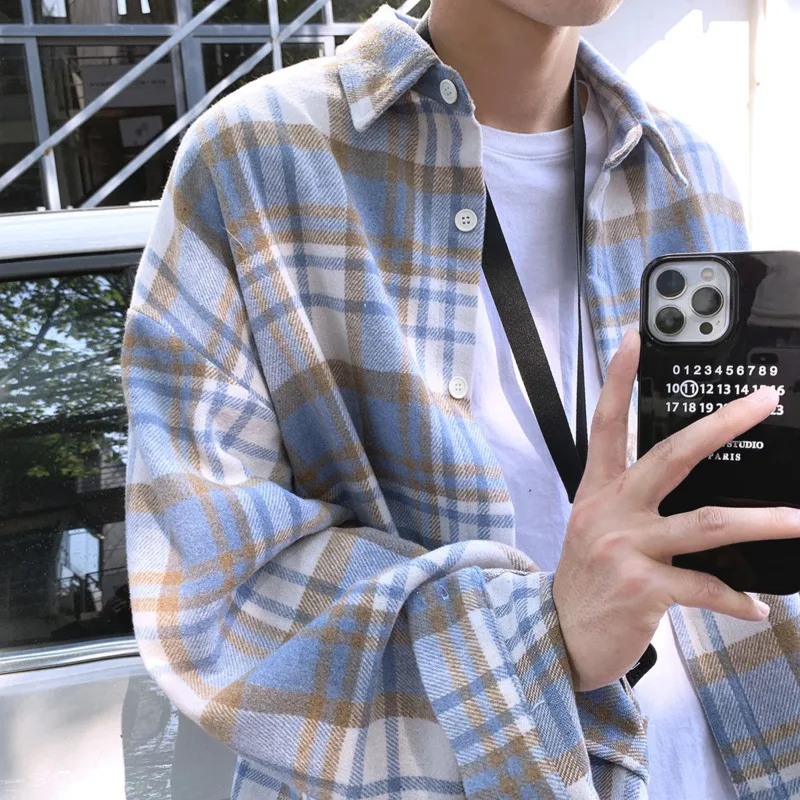 Herfst Dikke Wollen Shirt Mannen Mode Retro Casual Oversized Plaid Shirts Heren Koreaanse Blauw/Groen Losse Lange Mouwen shirt Mannen