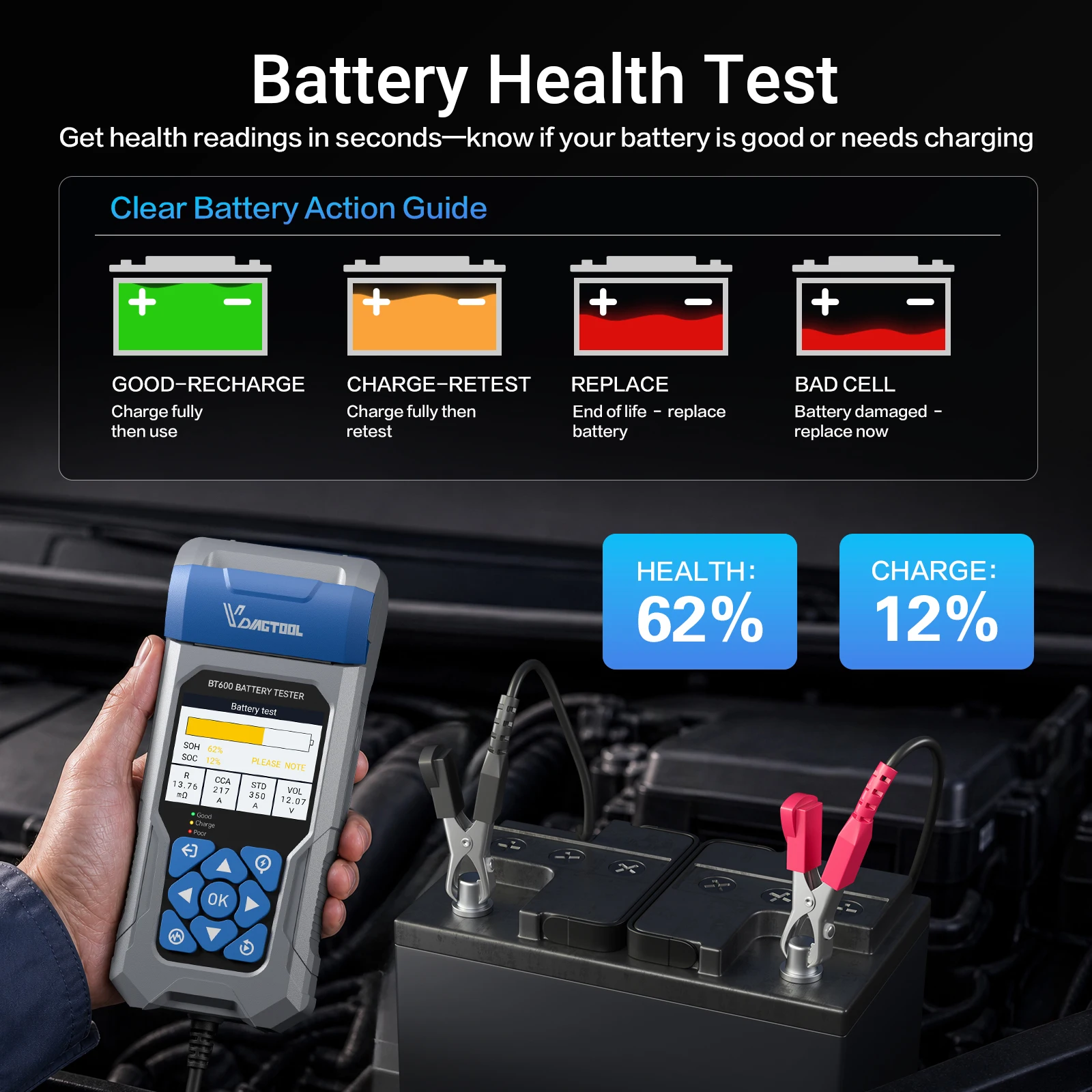 2026 Newest VDIAGTOOL BT600 6-24V Auto Battery Tester Built-in Printer Vehicle Load/Crank/Charging System Analyzer 5~3000 CCA