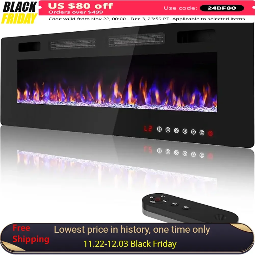 60 Inch Electric Fireplace, Inserts and Wall Mounted with Remote Control & Touch Screen, Fireplace Heater