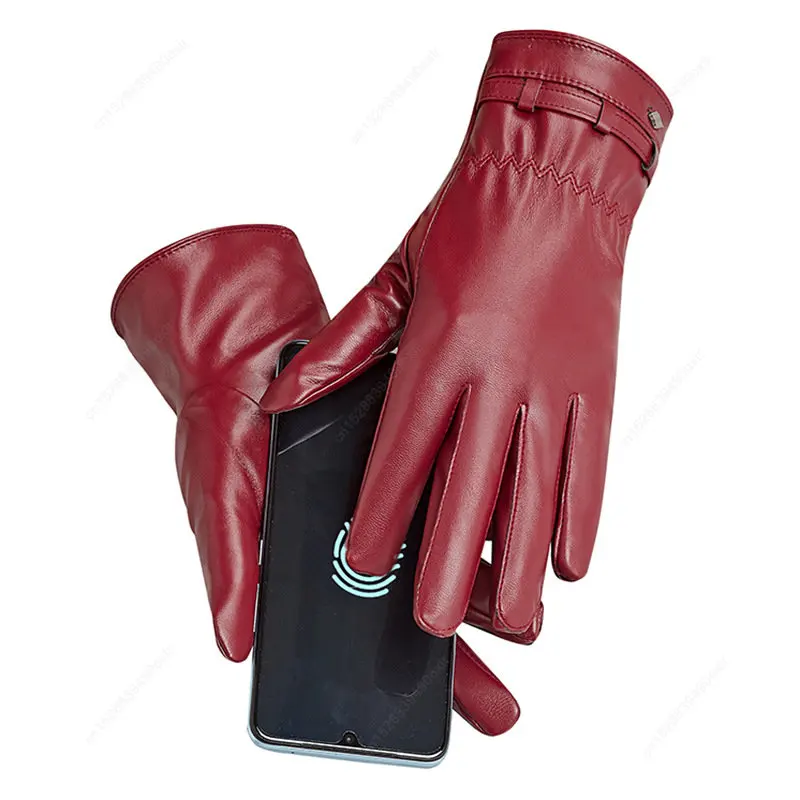 คุณภาพสูงผู้หญิงถุงมือหนังของแท้หนังสีม่วงผู้หญิงอบอุ่นฤดูหนาว Mittens เรียบง่ายประดิษฐ์ถุงมือหนังหญิง