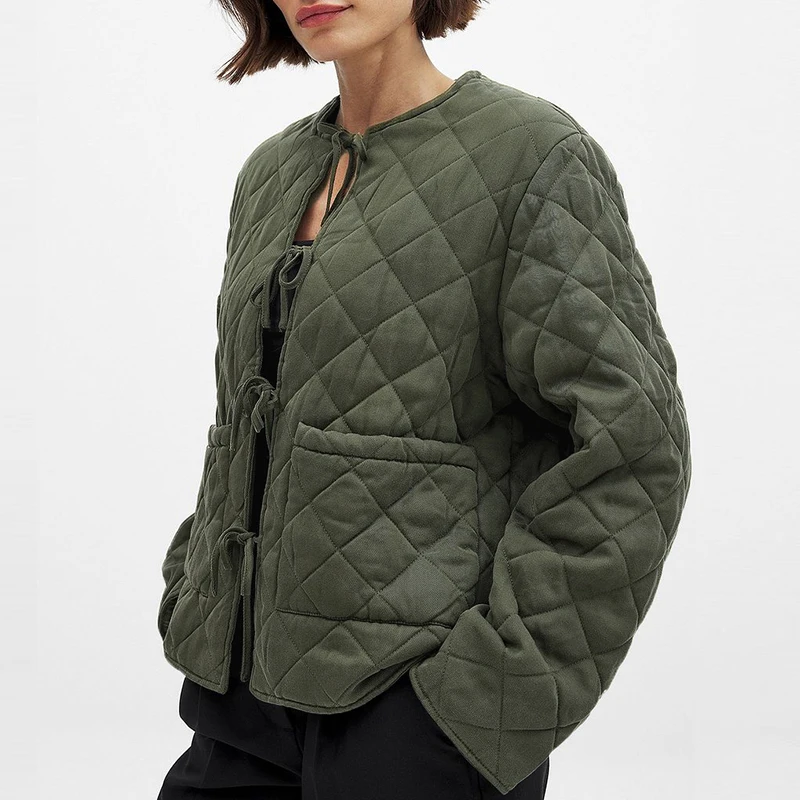 Women's Stylish Lace-Up Quilted Jacket New Arrival Round Neck Long Sleeve Warm Winter Coat With Pockets Woman Clothes