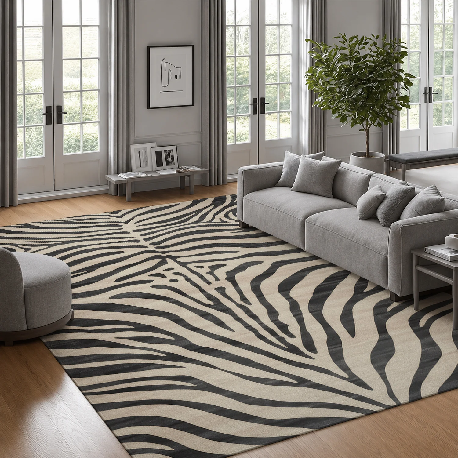 Large Indoor Area Rug, Soft Velvet Low Pile with Non-slip Dotted Backing, Machine Washable Zebra Print Rug in Black and Beige, Ideal for Living Room, Bedroom, Entryway Floor Decor