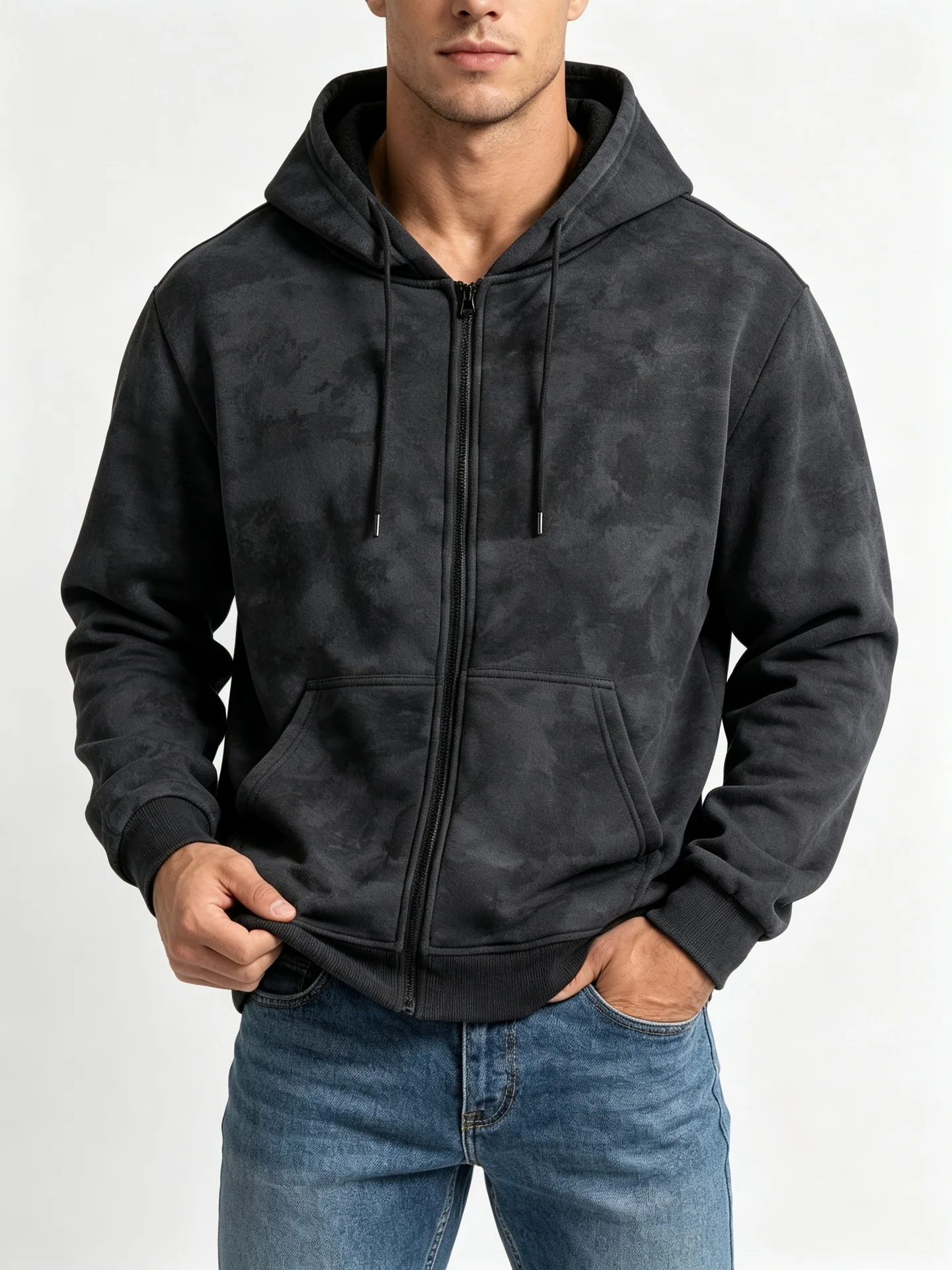 Men Tie Dye Zip Up Hoodie Heavyweight Full Zip Hooded Sweatshirt European High Street Loose Streetwear Autumn Casual Outerwear J