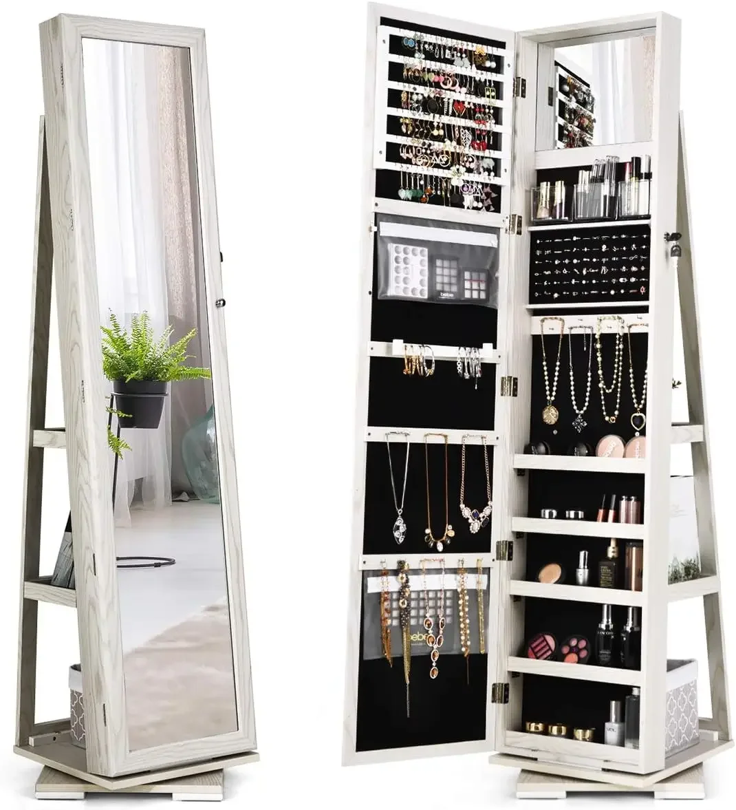 Swivel Jewelry Armoire with Higher Full Length Inside Makeup Mirror, Standing Lockable Cabinet Organizer, Large Capacity, Back S