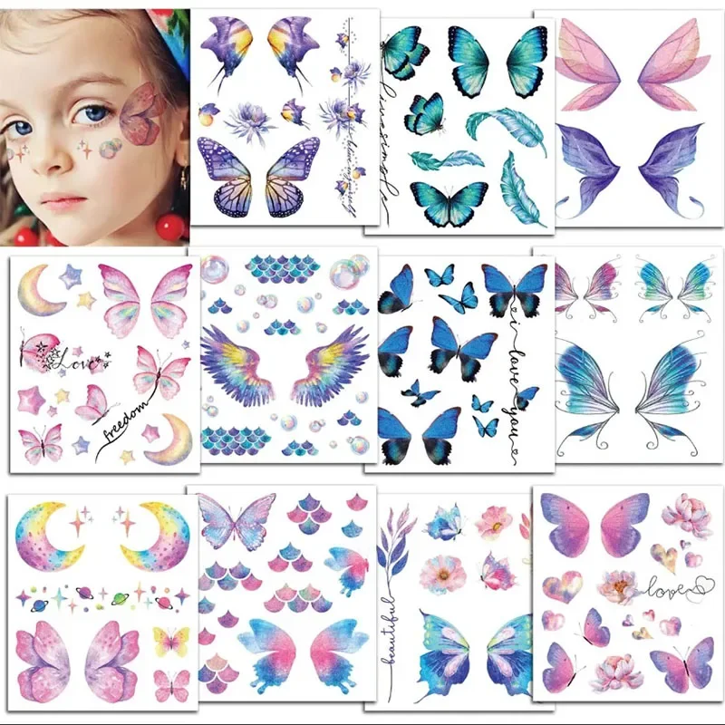 Tatuagens Temporárias Borboleta para Crianças, GlitterTransfer Adesivos, Impermeável, Mini, Crianças, 12Pcs