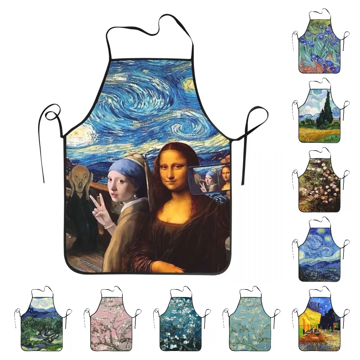 

Funny Starry Night By Mona Lisa and Vincent Van Gogh Bib Aprons Men Women Kitchen Chef Tablier Cuisine for Cooking Baking