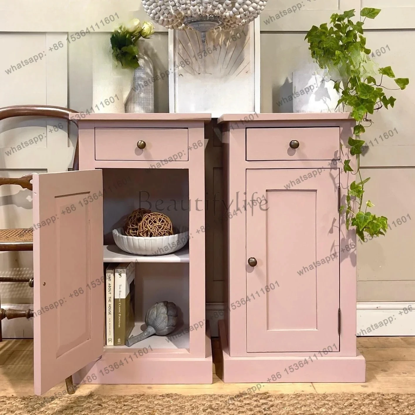 yj21 French modern simple pink solid wood bedside table, living room dining side cabinet, storage cabinet customization