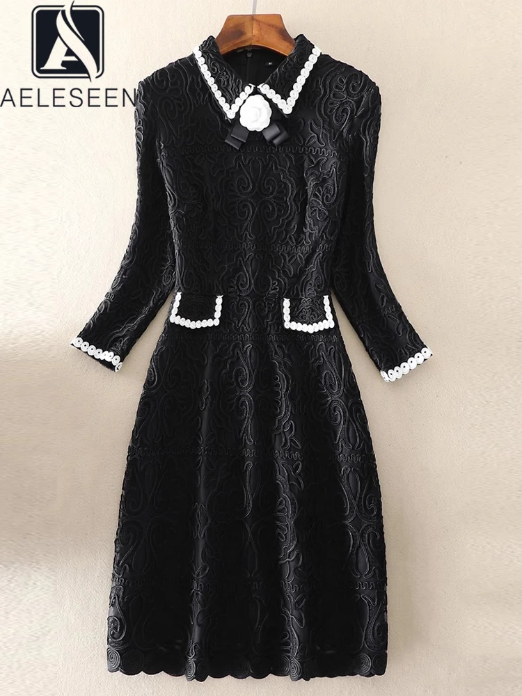 AELESEEN Designer Fashion Pink Dress Women Spring Autumn Half Sleeve Turn-down Black Bow Flower Embroidery Mini Female Holiday