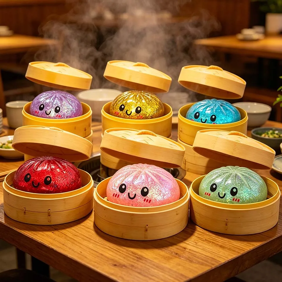 Simulations-Dumpling-Quetschspielzeug, bunt, glitzernd, Anti-Stress-Spielzeug zur Stresslinderung für Kinder und Erwachsene