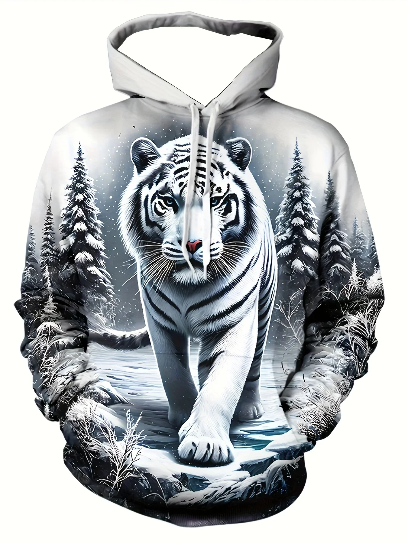 3D Printed White Tiger Hoodie Men Winter Snow Forest Wildlife Animal Graphic Pullover Casual Outdoor Streetwear Sweatshirt