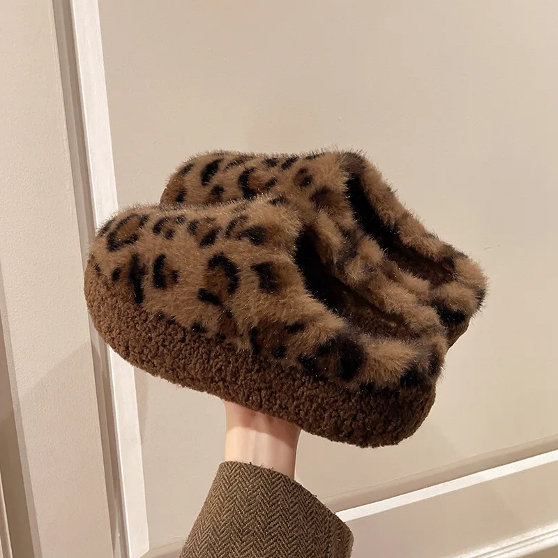 Leopard Print AntiSkid Women Plush Slippers Winter Warm  Cozy Grip Memory Foam Indoor Fluffy Home Shoes Thickening Fur Sole 2025