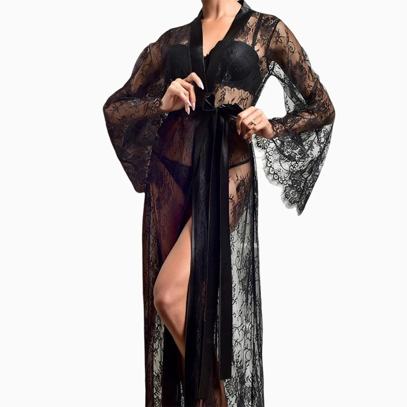 Toucheart Sexy Mesh-Nachthemd-Anzug für Frauen, sexy Dessous, sexy Spitze, einfarbig, Mesh-Perspektive, langer Nachthemd-Anzug für Damen