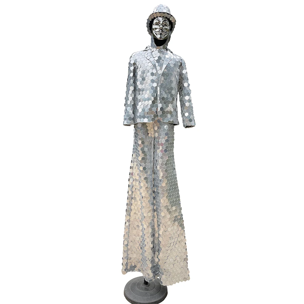 Handmade Stilts Walker Silver Mirror Man GOGO Show Gold Suit Crown Stage Dress Performance Glass Mask Costume