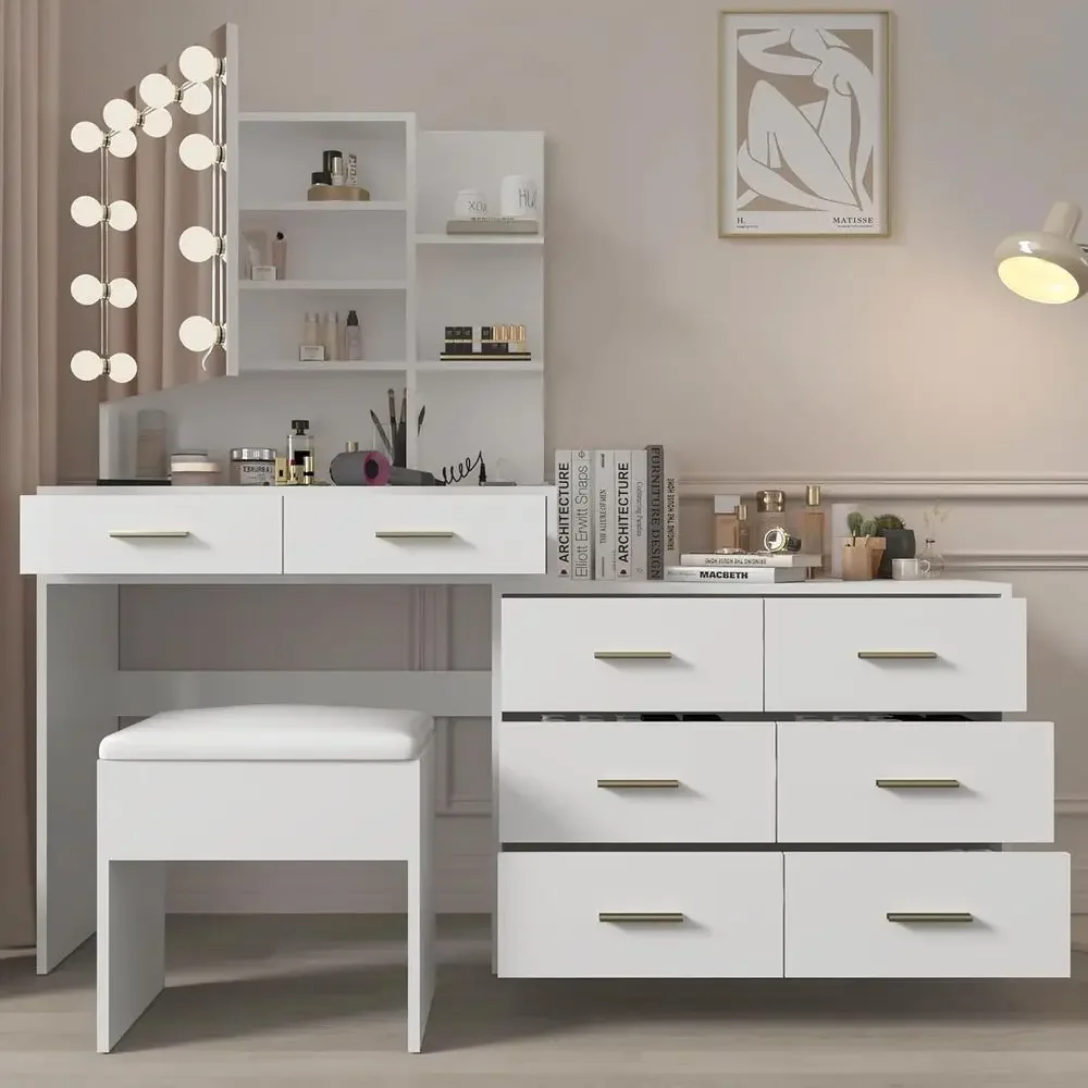59 White Vanity Desk with Mirror, Lights, and 8 Drawers, Large Makeup Vanity Set with Charging Station, Stool, and 3 Color Optio