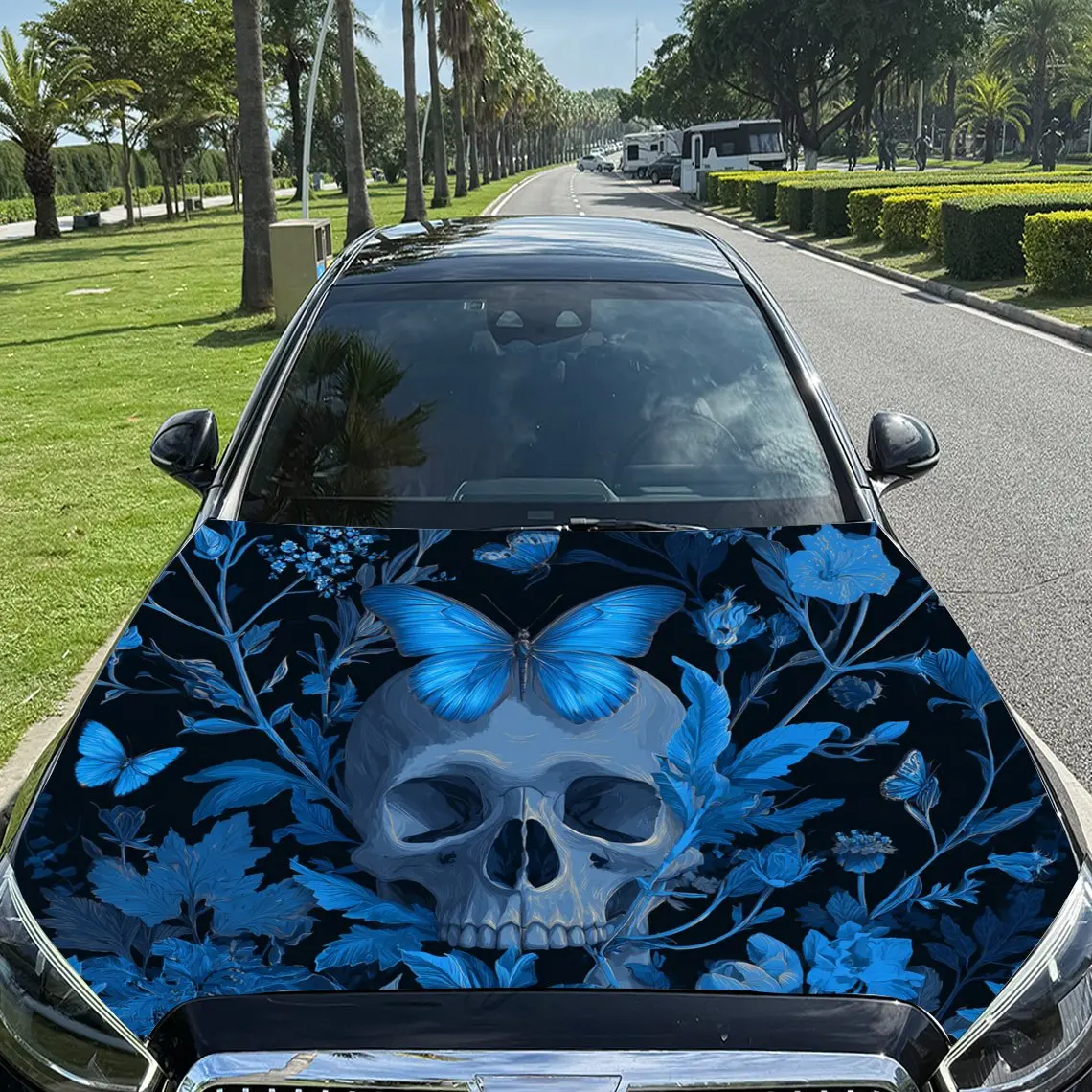Skull Flower Cluster with Blue Butterflies Hovering Car Vinyl Wrap, PVC Material Waterproof Car Hood Sticker, Self-Adhesive Scra