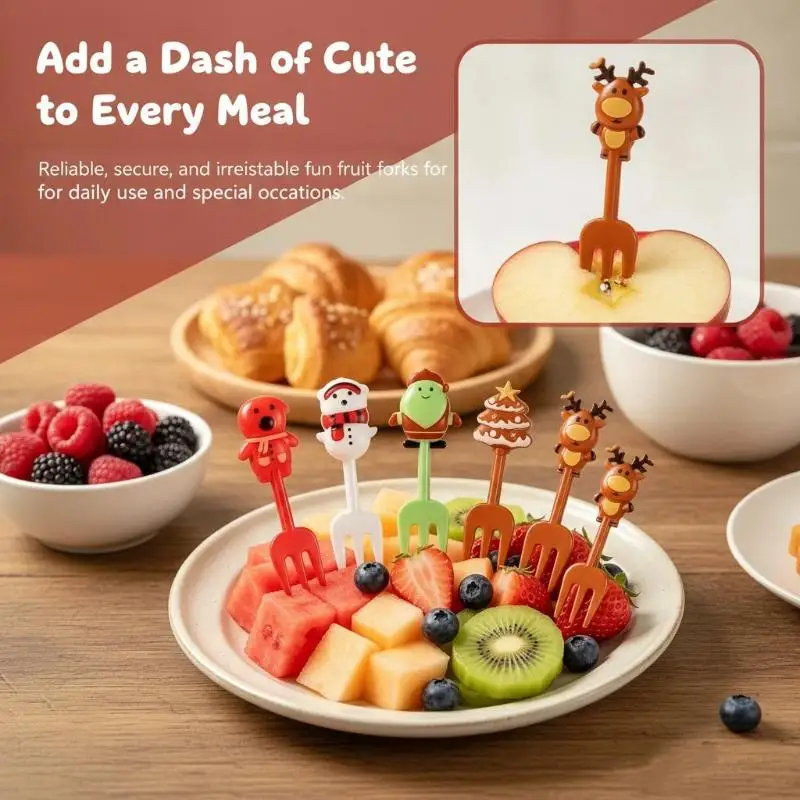 Lovely Christmas Cartoon Fruit Forks 10 Pcs Reindeer Snowman Santa Pattern for Kids Lunchbox Dessert Table Holiday Decor