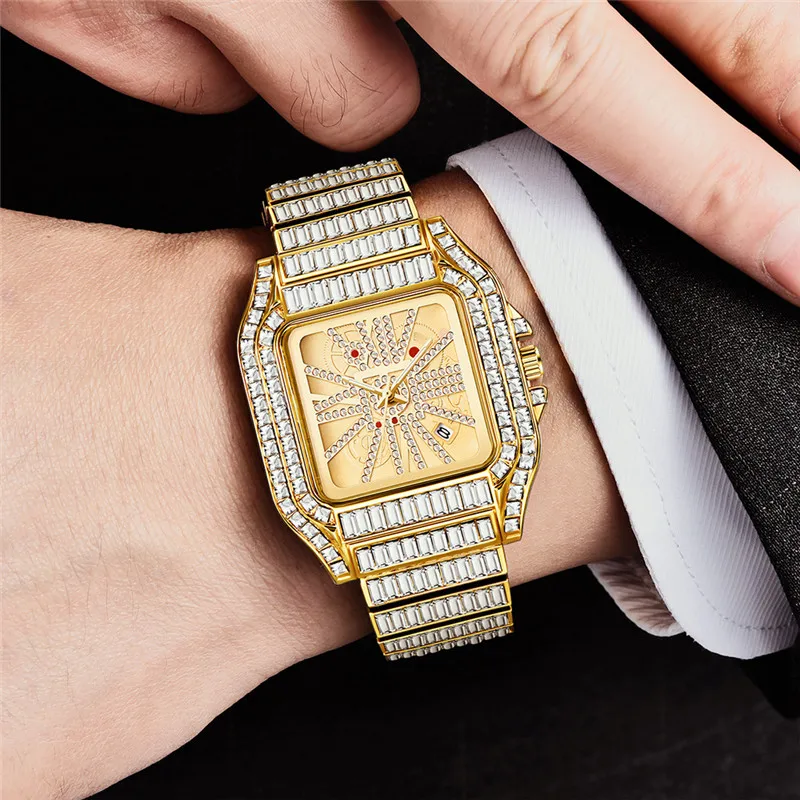 Big Brand Diamond Watches For Male Montre Homme Fashion Alloy Band Hip Hop Golden Date Quartz Watch Relojes Lujo Marcas Men 2024