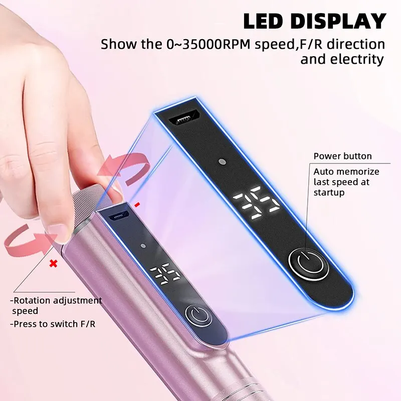 Electric Nail Drill Machine 35000RPM USB Rechargeable Nail Sander For Gel Polish Cordless Manicure Machine with LED Display
