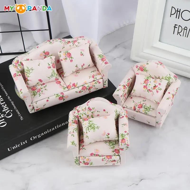 

3Pcs Soft Flower Sofa For Dolls Mini Furniture Toy Pretend Play 1:12 Toy For Girls Gifts Children Decoration Miniature Dollhouse