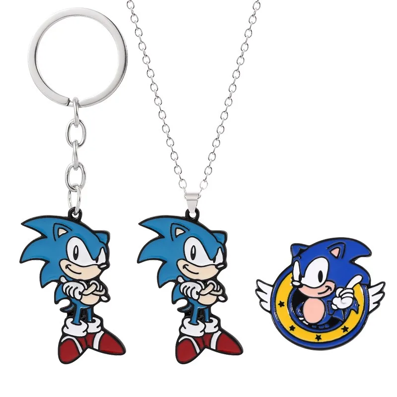 

Hedgehog Sonic keychain metal pendant brooch accessories 3-piece set suitable for decoration, gifts, and sample display