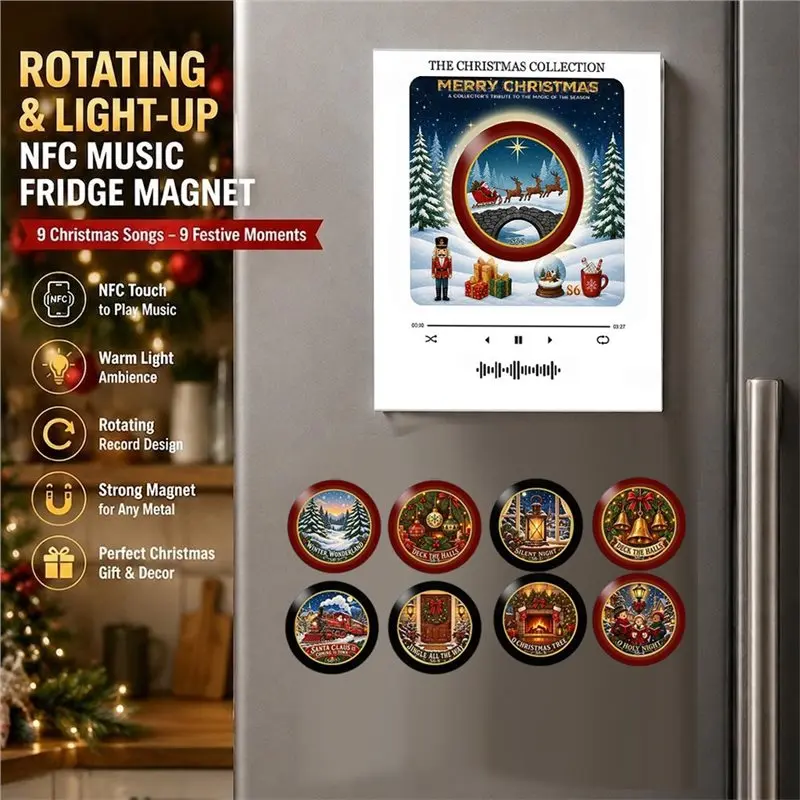 ABNM Xmas Night Light Magnetic Music Fridge Magnet Christmas Touch To Play Vinyl Record Player Fridge Magnet Built-In LED