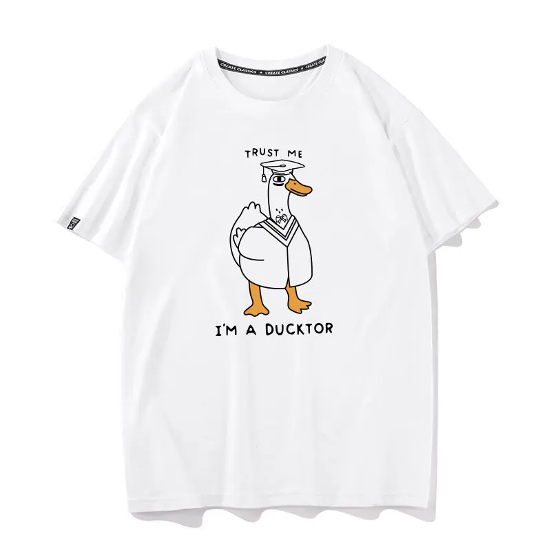 Creative Homophonic Doctor Duck Short Sleeved T-shirt Loose Casual Fun Duck or Pure Cotton Half Sleeved Couple Top