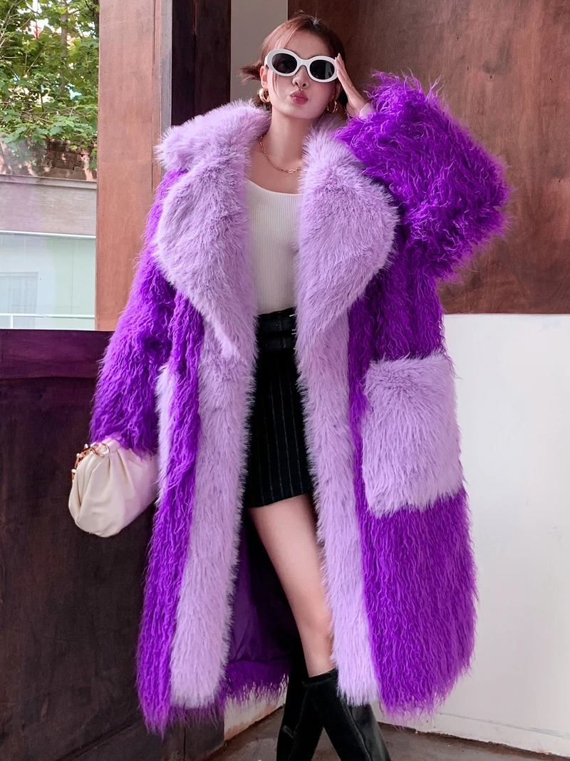 Lady Winter Purple Lapel Faux Fur Coat Stylish Long Jacket Female Streetwear Women\'s Clothing Performance Costume Promotion