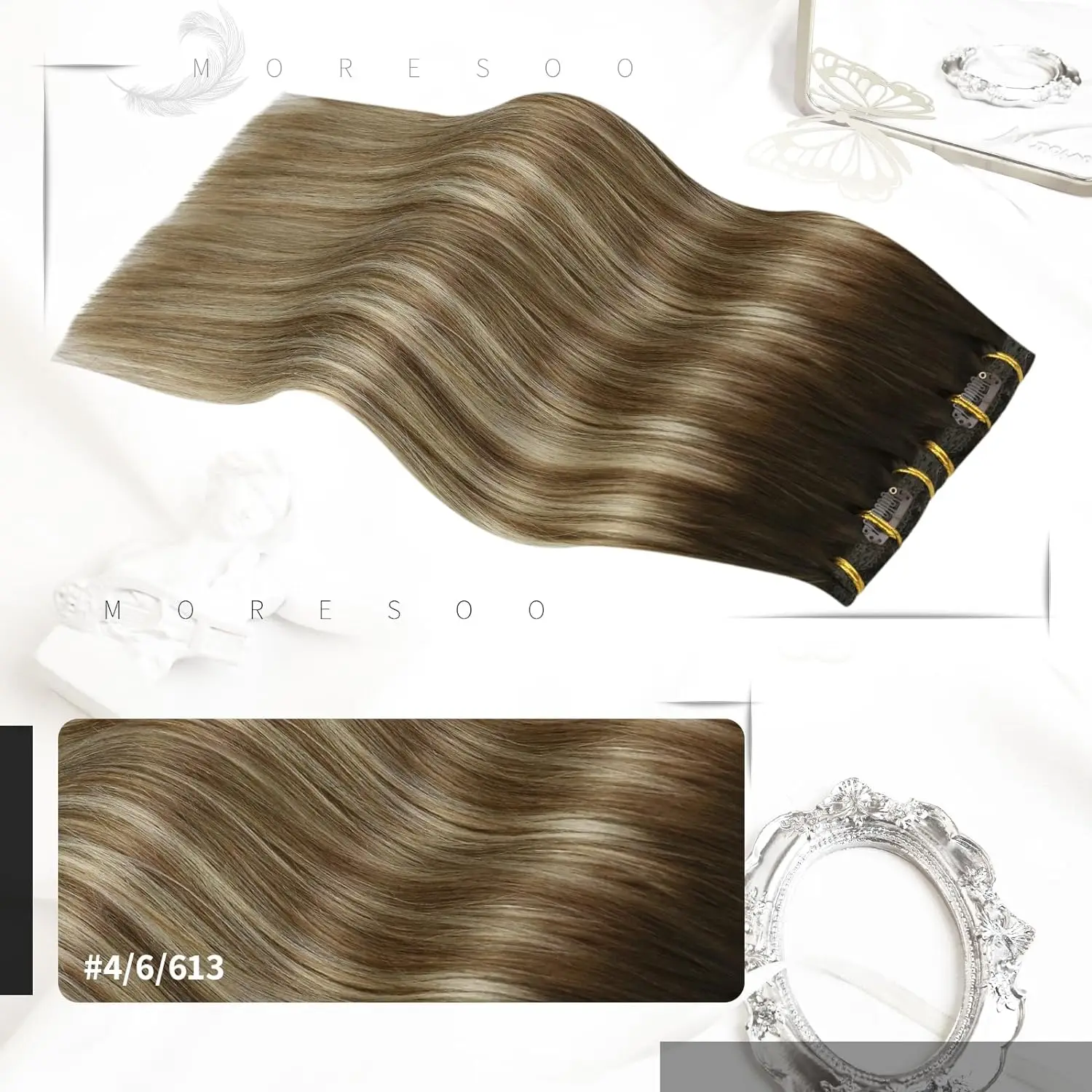 Moresoo Clip in Hair Extensions Real Human Hair Ombre Real Hair Extension Clip in Human Hair 5PCS 70G Remy Clip in Extensions