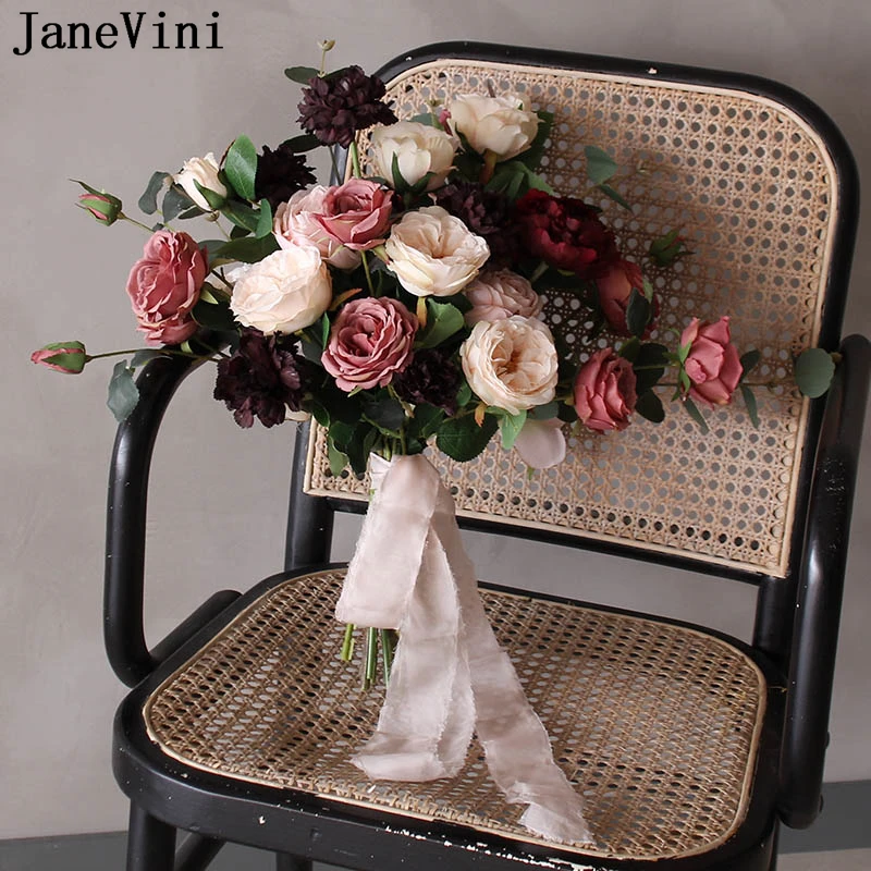 

JaneVini Retro Toronto Rose Large Wedding Bouquet Artificial Bridal Flowers Dark Burgundy Blush Pink Vintage Silk Bride Flowers