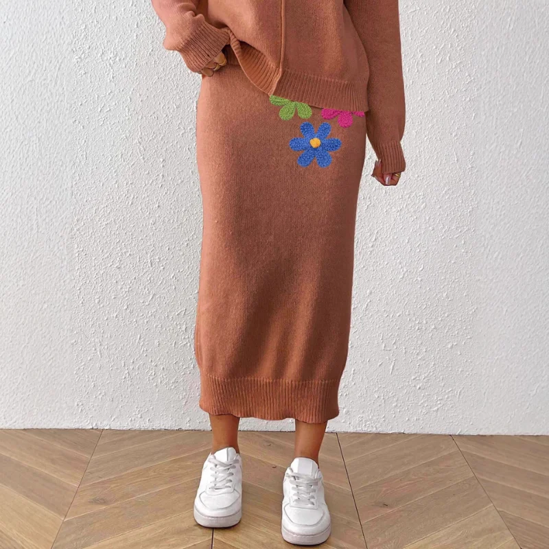 Women's Mid-length Elegant Skirt Embroidered Three-dimensional Flower Patchwork Sweater Skirt