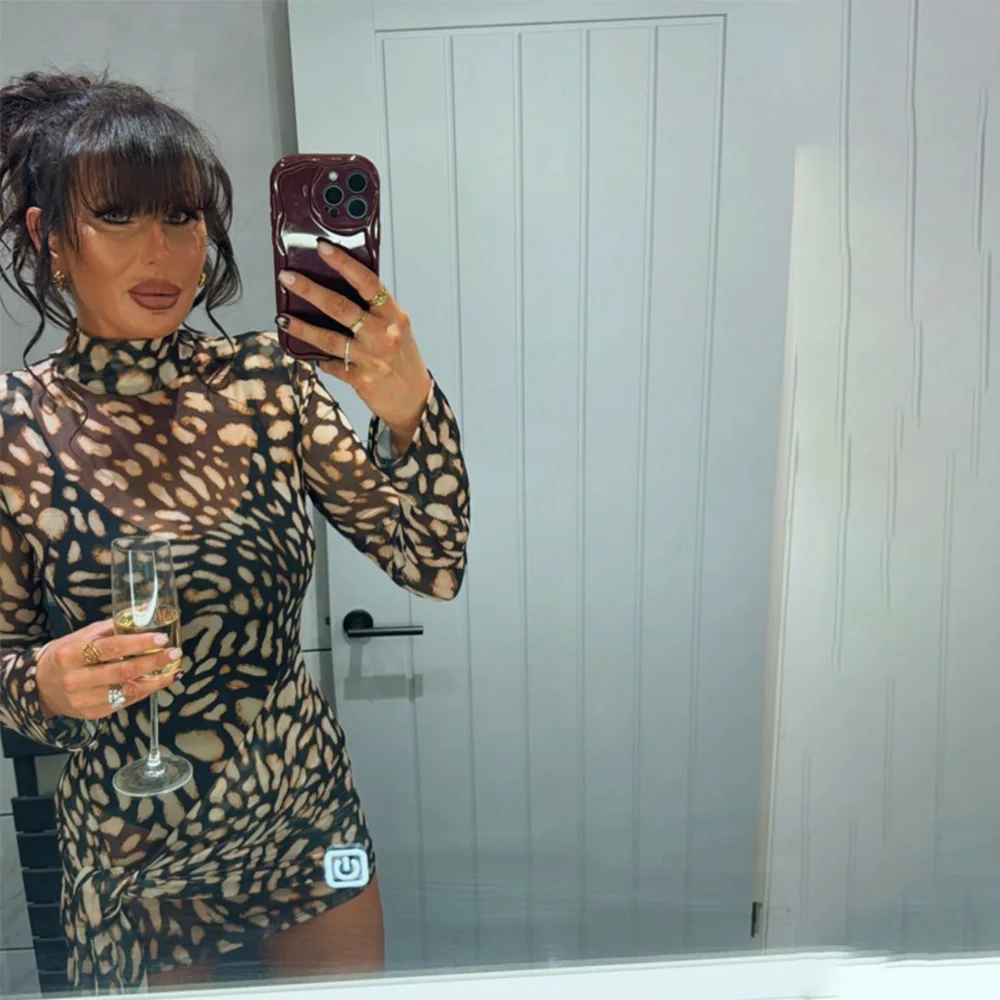 ハイネックセクシーなシースルーレオパード柄バンテージドレス女性のための長袖スリムエレガントな春ミニドレスパーティークラブドレス