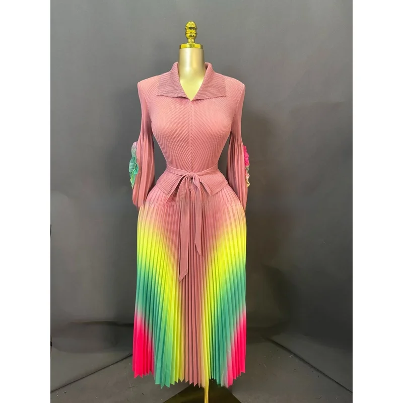 Miyake Women's Floral Print Flared Sleeves Long Gradient Colored Pleated Plus Size Dress Women Elegant Stretch Party Formal Gown