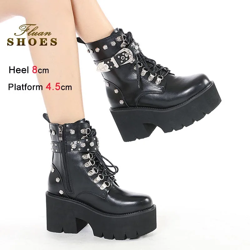 

Fashion Korean Style Short Boots Black Thick Platform Women Ankle Boots Non-slipping Sole Height Increase Lady Shoes Knight Boot