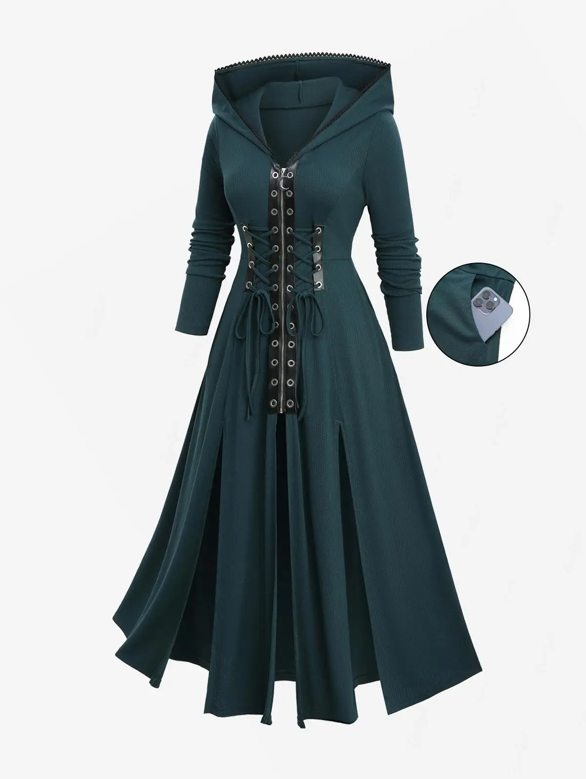 ROSEGAL Plus Size Occhielli con lacci Abito con spacco in pizzo con cappuccio Donna Autunno Inverno Abiti casual a maniche lunghe verde intenso