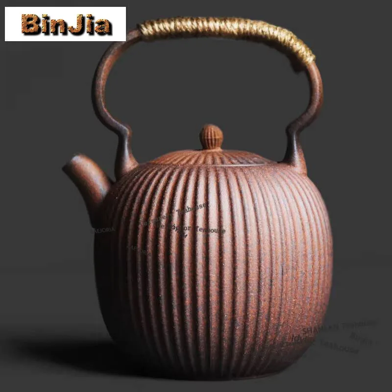 450ml Rock Mineral Clay Ribbed Lifting Handle Boiling Water Kettle Large Capacity Tea Brewing Pot Bubble Tea Kettle Tea Services