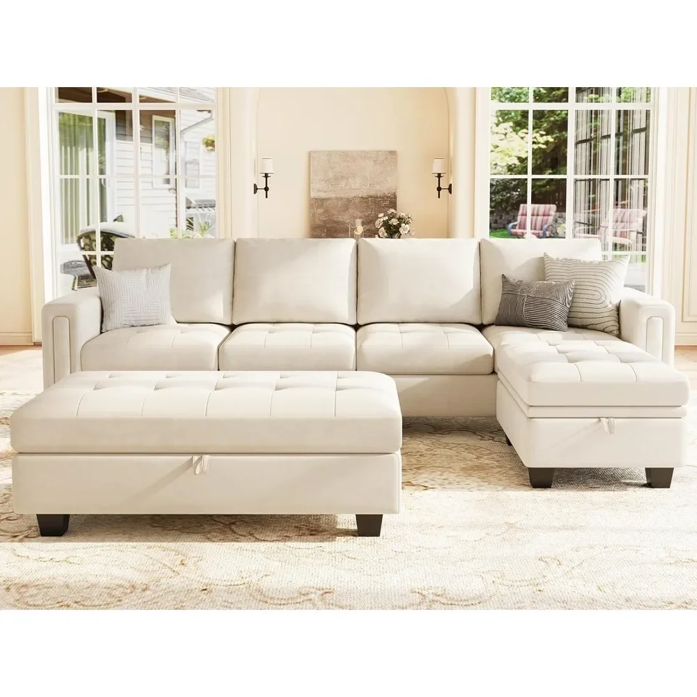 

Velvet Convertible Sectional Sofa, 4-Seat with Reversible Chaise L Shaped Sofa Sets, Sectional Couch with Storage Ottoman