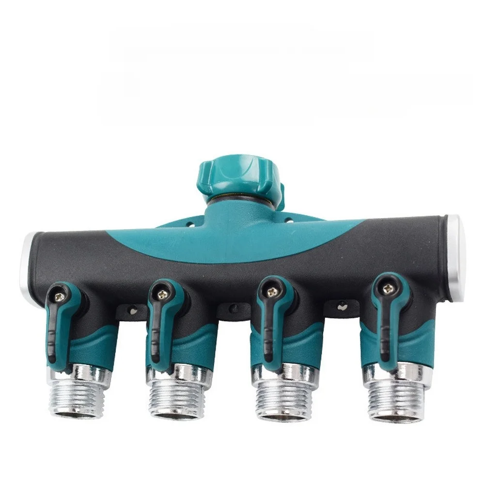 Garden Hose Manifold with 4 Independent Valves for Simultaneous Water Distribution to Multiple Zones Using 3/4 Inch Fittings