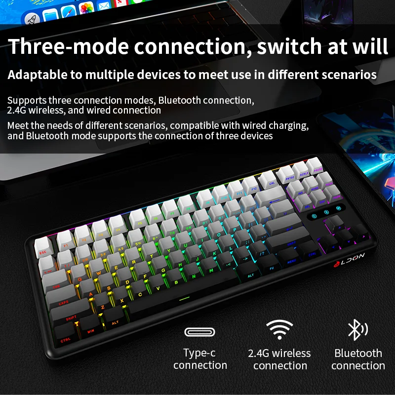 

LX87 Mechanical keyboard 2.4g/USB/Bluetooth three-mode wireless 87 keys RGB PBT gasket 5-layer full key rollover