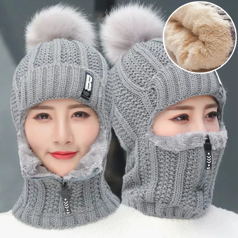 

Coral Fleece Women Knitted Hats Add Fur Warm Winter Hats for Women with Zipper Scarf Keep Face Warmer Balaclava Pompoms Cap